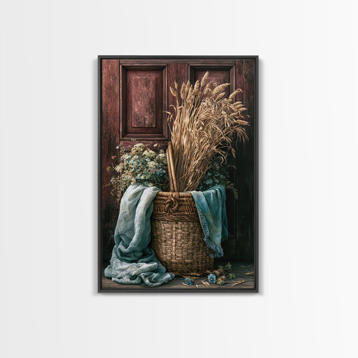 Handwoven Basket with Dried Grasses Framed Canvas Print, Rustic Art, Wall Decor, Farmhouse Decor, Abstract Art, Rustic, RUS-2x3-56