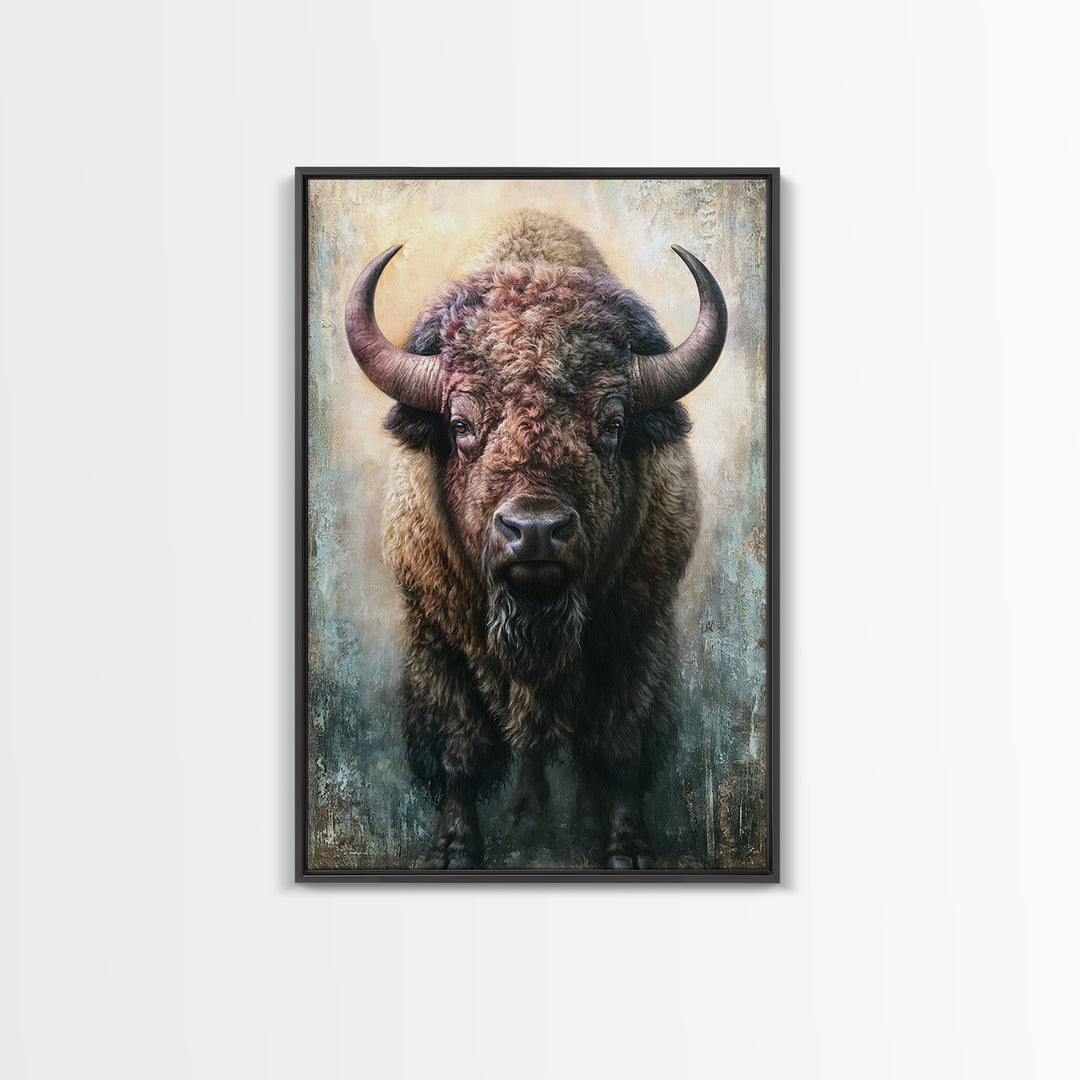Buffalo Portrait with Western Texture Framed Canvas Print, Rustic Art, Boho Decor, Farmhouse Decor, Fine Art, Rustic, RUS-2x3-6