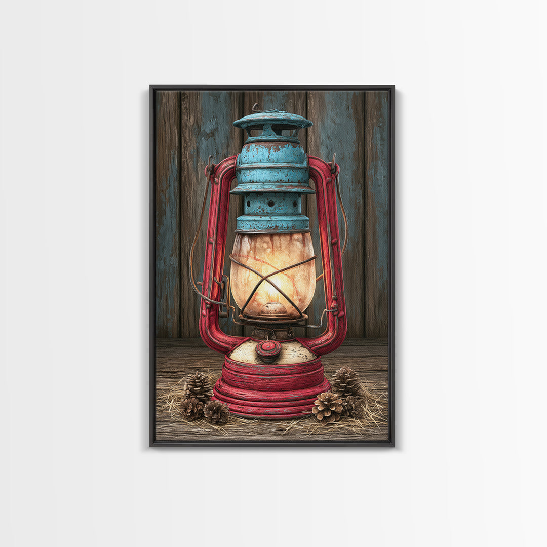 Rustic Lantern Glowing Beside Pinecones Framed Canvas Print, Rustic Art, Wall Art, Farmhouse Decor, Fine Art, Rustic, RUS-2x3-60