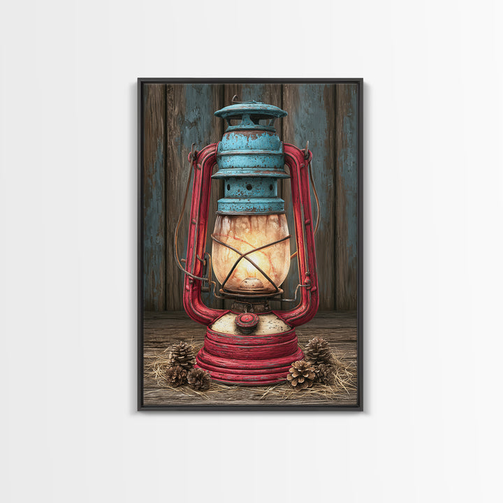 Rustic Lantern Glowing Beside Pinecones Framed Canvas Print, Rustic Art, Wall Art, Farmhouse Decor, Fine Art, Rustic, RUS-2x3-60