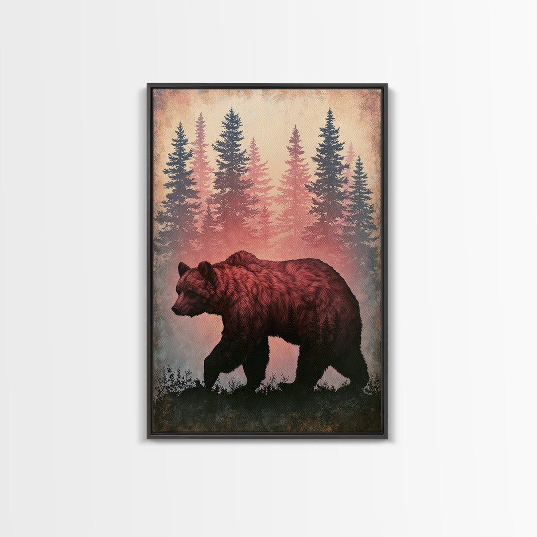 Bear Silhouette Among Pine Trees Framed Canvas Print, Rustic Art, Digital Prints, Farmhouse Decor, Watercolor Art, Rustic, RUS-2x3-63