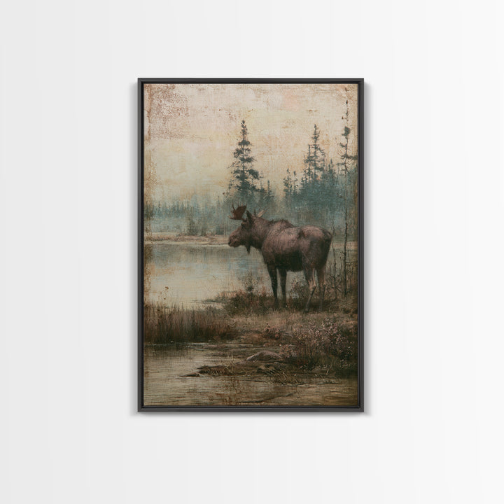 Moose Standing by a Quiet Lake Canvas Print, Rustic Art, Wood Wall Art, Farmhouse Decor, Oil Painting, Rustic, RUS-2x3-65