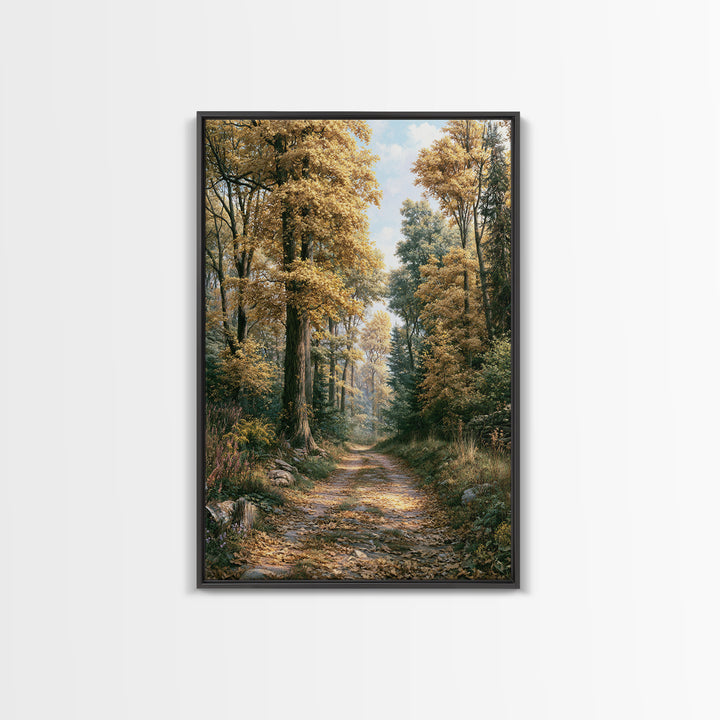 Forest Path with Golden Autumn Leaves Framed Canvas Print, Rustic Art, Painting, Farmhouse Decor, Rustic, Boho Wall Art, RUS-2x3-74