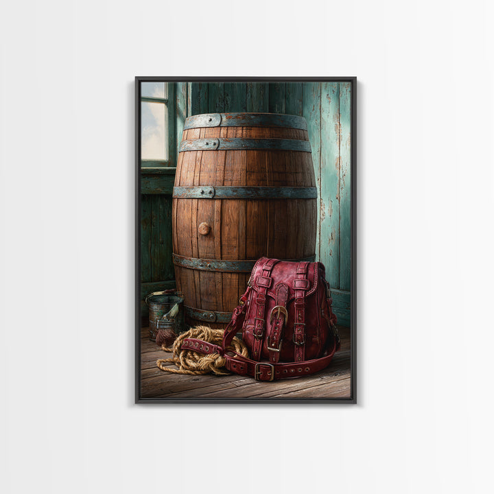 Whiskey Barrel and Leather Still Life Framed Canvas Print, Rustic Art, Printable Wall Art, Farmhouse Decor, Fine Art, Rustic, RUS-2x3-75