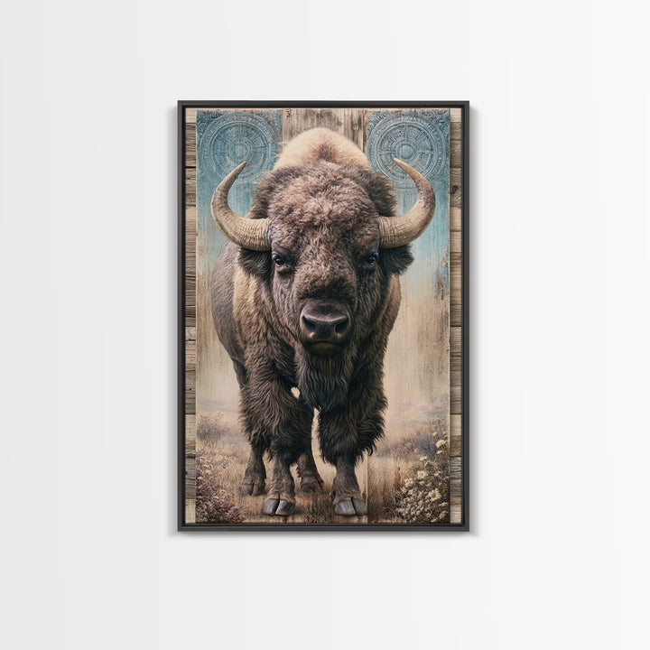 Buffalo Portrait with Western Texture Framed Canvas Print, Rustic Art, Digital Prints, Farmhouse Decor, Oil Painting, Rustic, RUS-2x3-78