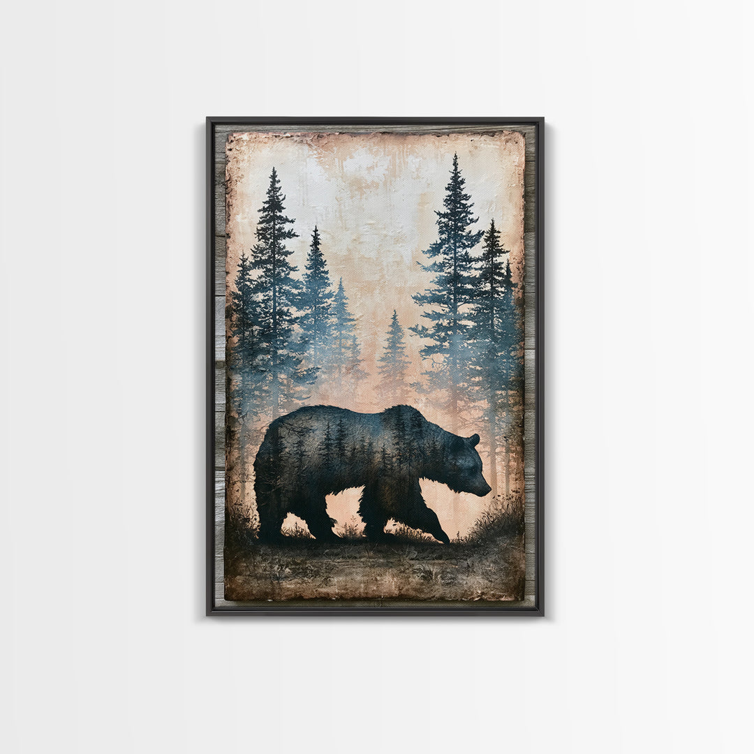 Bear Silhouette Among Pine Trees Framed Canvas Print, Rustic Art, Boho Wall Art, Farmhouse Decor, Rustic, Downloadable Art, RUS-2x3-87