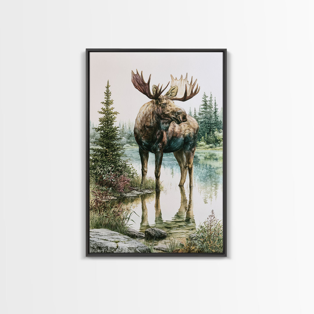 Moose Standing by a Quiet Lake Framed Canvas Print, Rustic Art, Boho Wall Art, Farmhouse Decor, Rustic, Downloadable Art, RUS-2x3-89