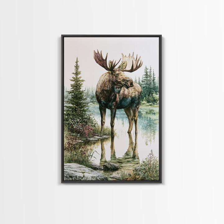 Moose Standing by a Quiet Lake Framed Canvas Print, Rustic Art, Boho Wall Art, Farmhouse Decor, Rustic, Downloadable Art, RUS-2x3-89