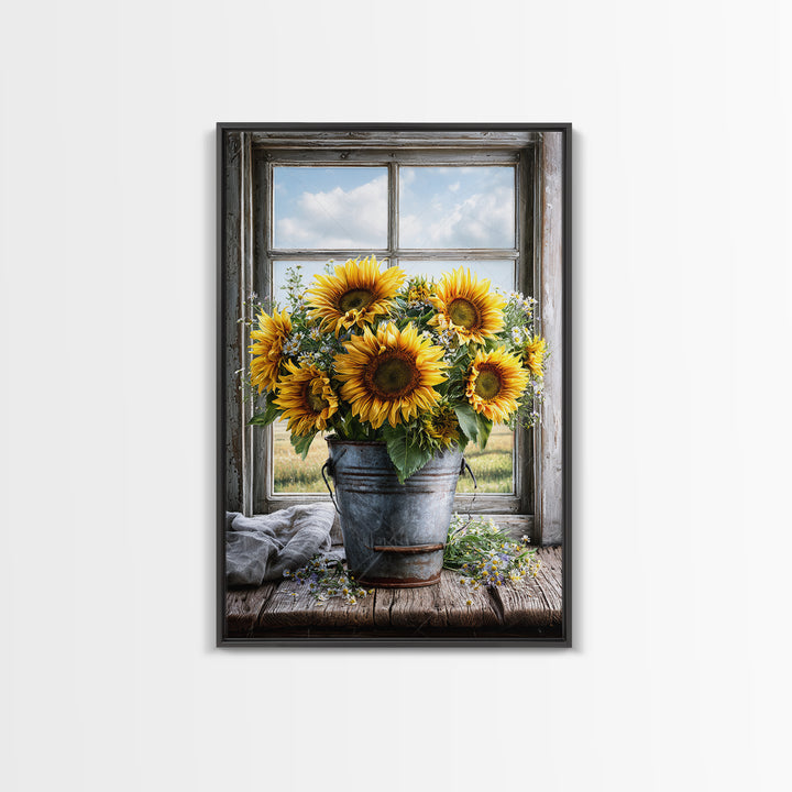 Sunflowers in a Metal Bucket Framed Canvas Print, Rustic Art, Gallery Decor, Farmhouse Decor, Fine Art, Rustic, RUS-2x3-92
