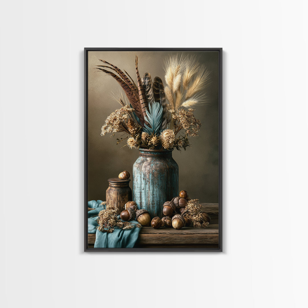 Pheasant Feathers and Acorns Arrangement Canvas Print, Rustic Art, Digital Print, Farmhouse Decor, Rustic, Landscape Painting, RUS-2x3-96