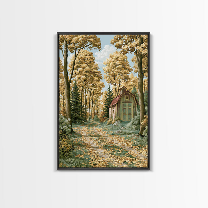 Forest Path with Golden Autumn Leaves Framed Canvas Print, Rustic Art, Painting, Farmhouse Decor, Rustic, Boho Wall Art, RUS-2x3-98