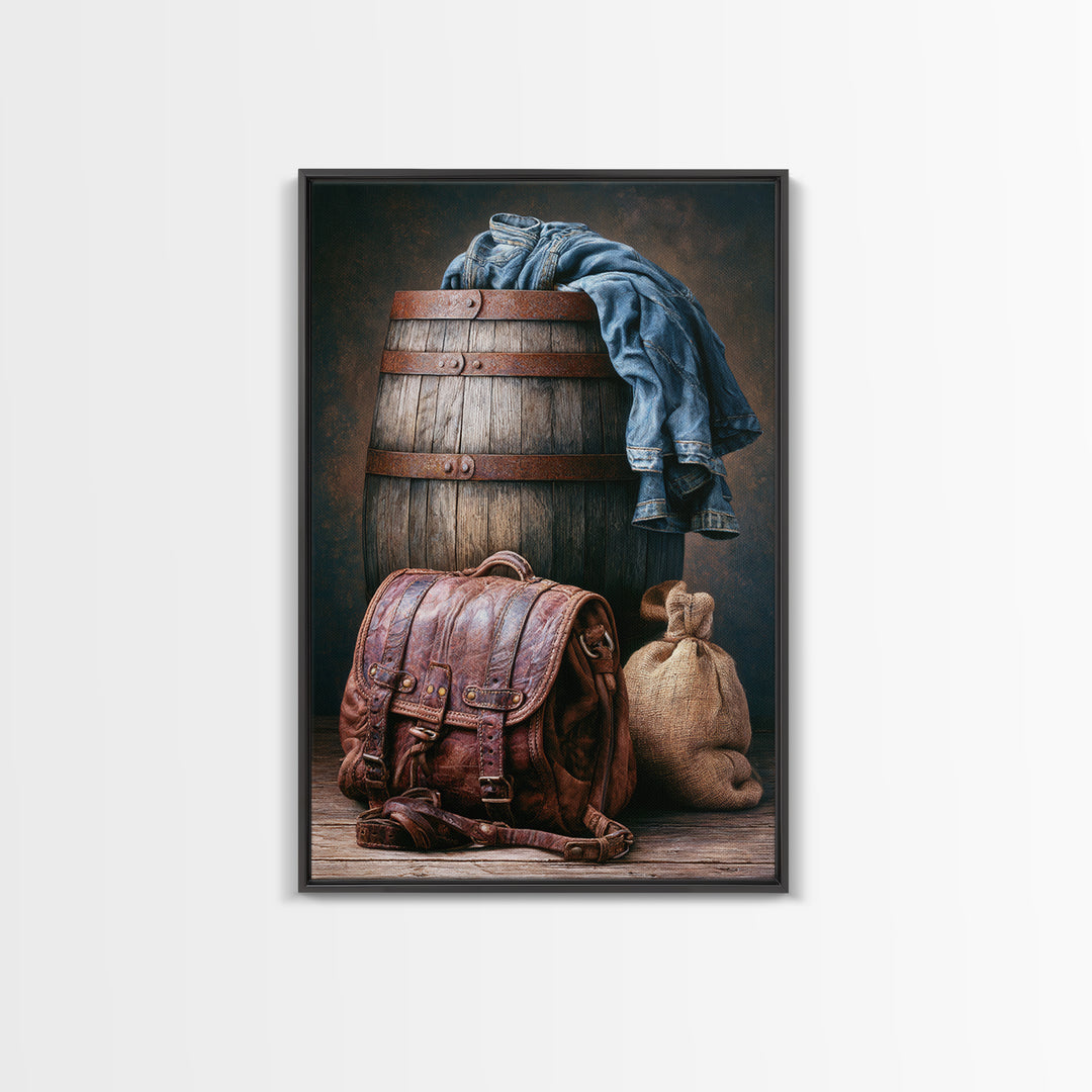 Whiskey Barrel and Leather Still Life Canvas Print, Rustic Art, Farmhouse Decor, Rustic, Gallery Wall Art, Landscape Wall Art, RUS-2x3-99