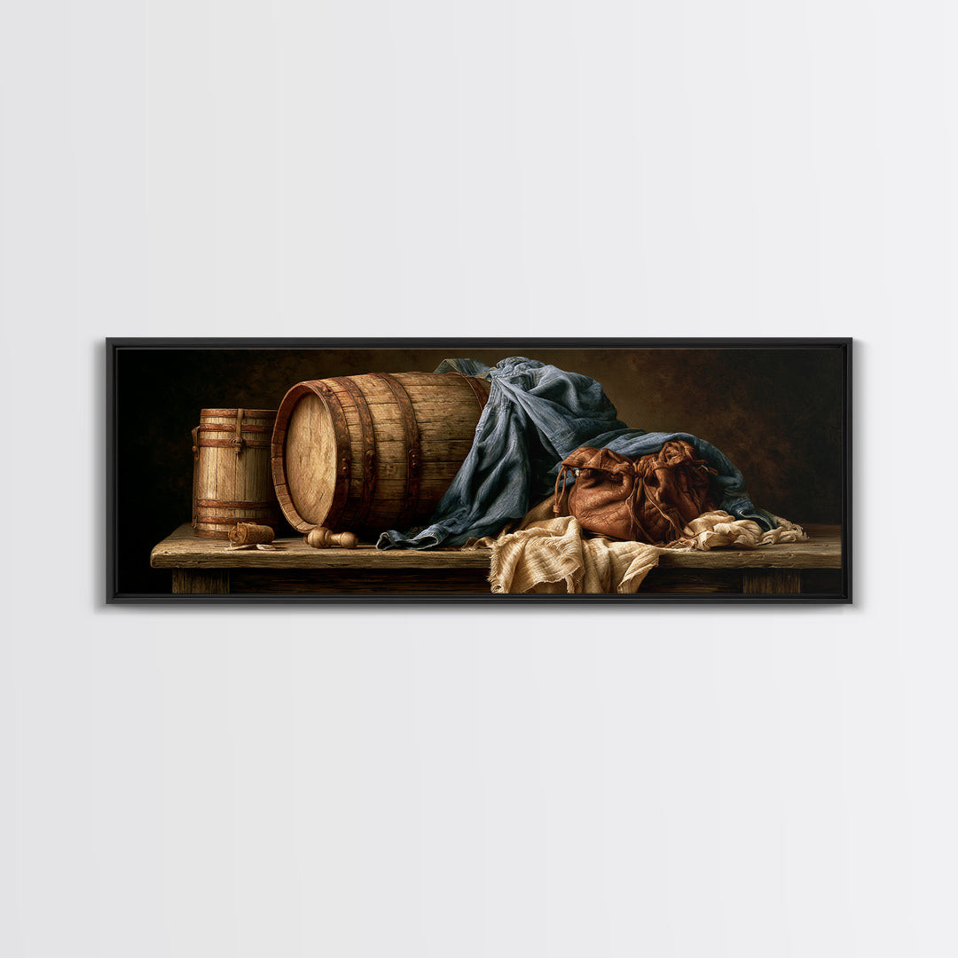 Whiskey Barrel and Leather Still Life Canvas Print, Rustic Art, Landscape Art, Farmhouse Decor, Watercolor Art, Rustic, RUS-3x1-11