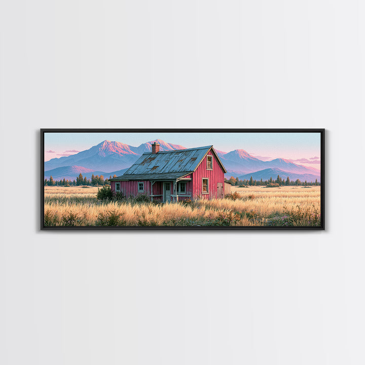 Mountain Cabin Landscape Canvas Print, Rustic Art, Fine Art Print, Farmhouse Decor, Fine Art, Rustic, Painting, Digital Prints, RUS-3x1-19