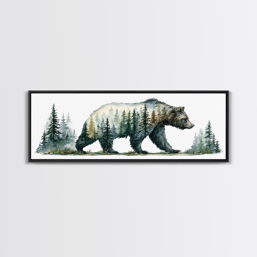 Bear Silhouette Among Pine Trees Framed Canvas Print, Rustic Art, Statement Artwork, Farmhouse Decor, Fine Art, Rustic, RUS-3x1-23