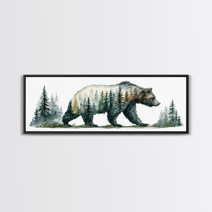 Bear Silhouette Among Pine Trees Framed Canvas Print, Rustic Art, Statement Artwork, Farmhouse Decor, Fine Art, Rustic, RUS-3x1-23