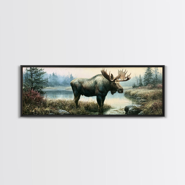 Moose Standing by a Quiet Lake Canvas Print, Rustic Art, Wood Art, Farmhouse Decor, Fine Art, Rustic, Wall Decor, Neutral Decor, RUS-3x1-25