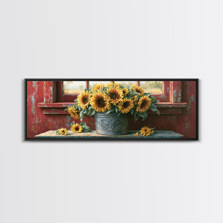 Sunflowers in a Metal Bucket Framed Canvas Print, Rustic Art, Downloadable Art, Farmhouse Decor, Watercolor Art, Rustic, RUS-3x1-28