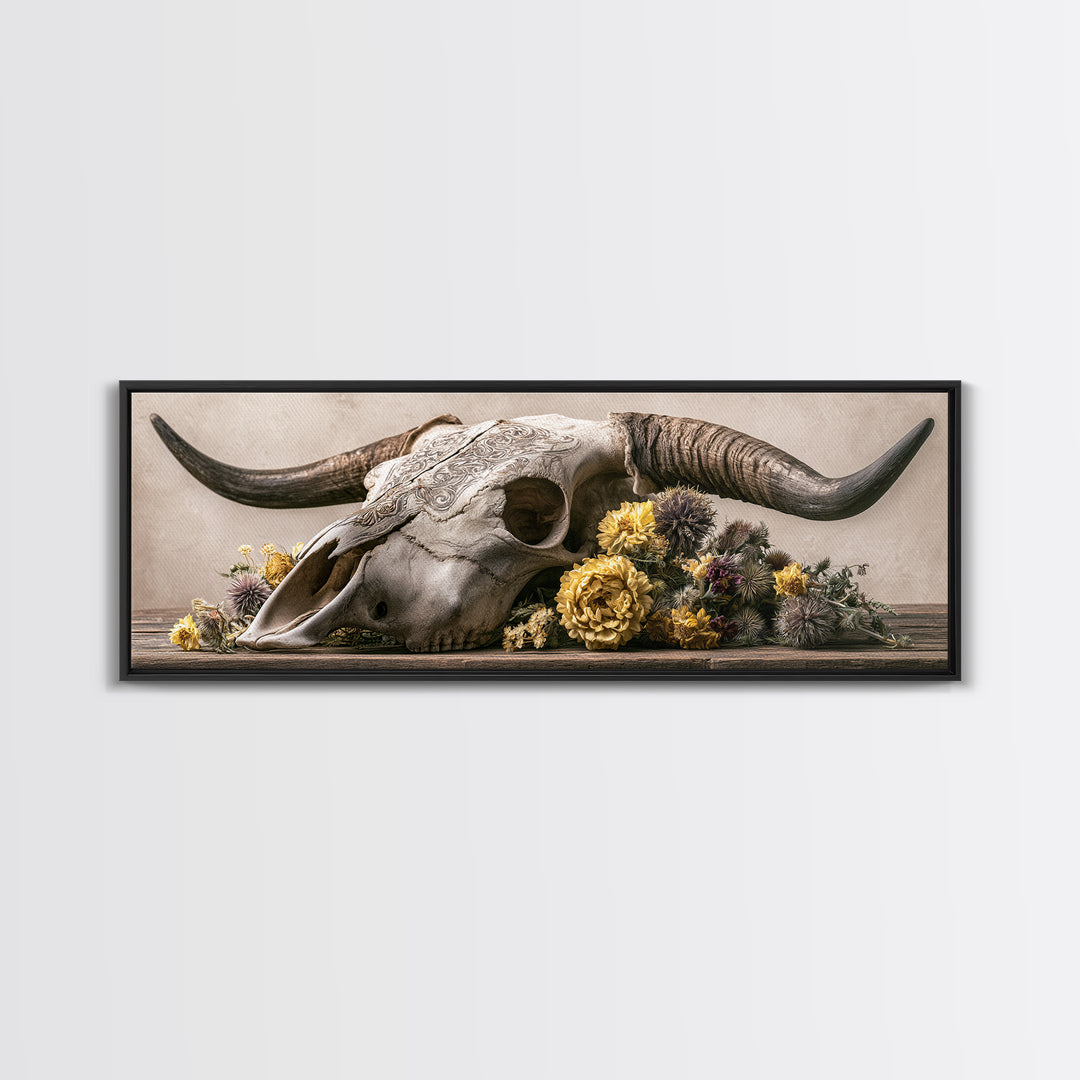 Cow Skull with Desert Flowers Canvas Print, Rustic Art, Boho Wall Art, Farmhouse Decor, Oil Painting, Rustic, Downloadable Art, RUS-3x1-33