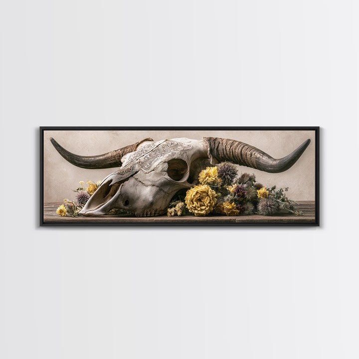 Cow Skull with Desert Flowers Canvas Print, Rustic Art, Boho Wall Art, Farmhouse Decor, Oil Painting, Rustic, Downloadable Art, RUS-3x1-33