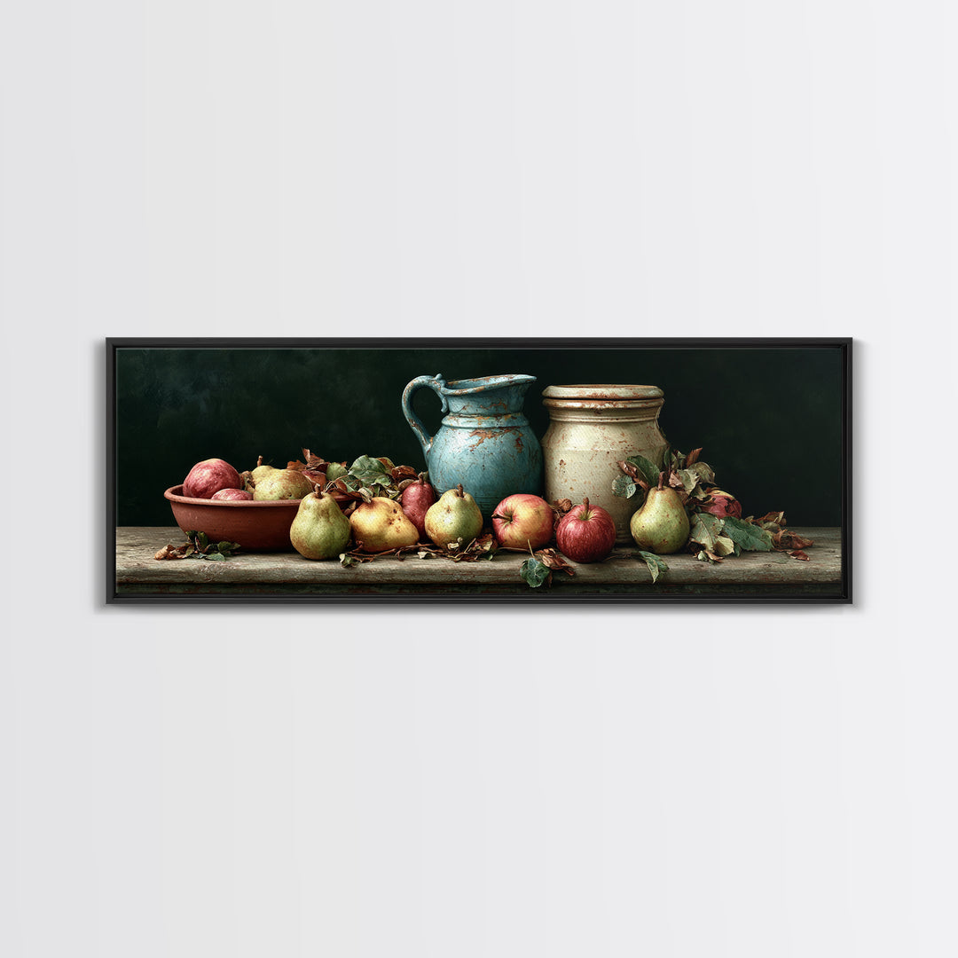 Rustic Pear and Apple Still Life Framed Canvas Print, Rustic Art, 3d Wall Art, Farmhouse Decor, Watercolor Art, Rustic, RUS-3x1-37