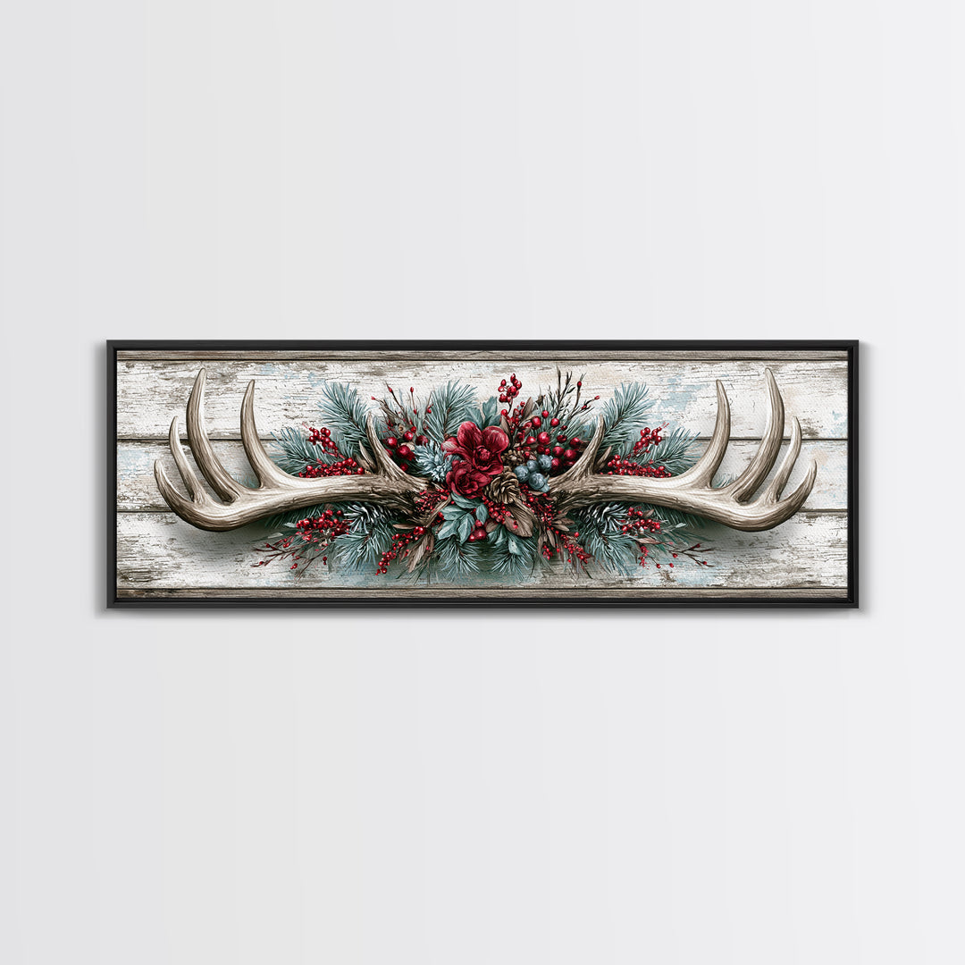 Deer Antlers with Pine Branches and Berries Canvas Print, Rustic Art, Abstract Wall Art, Farmhouse Decor, Watercolor Art, RUS-3x1-42