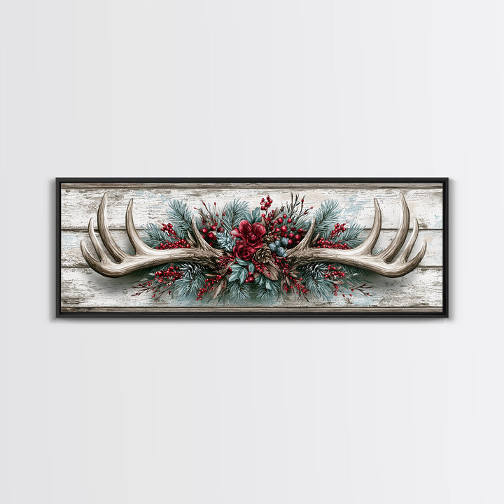 Deer Antlers with Pine Branches and Berries Canvas Print, Rustic Art, Abstract Wall Art, Farmhouse Decor, Watercolor Art, RUS-3x1-42