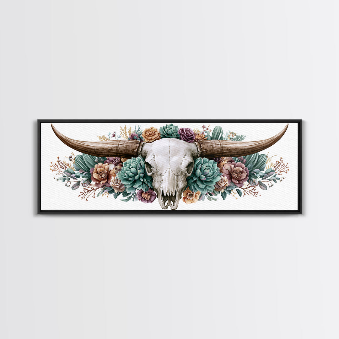Cow Skull with Desert Flowers Framed Canvas Print, Rustic Art, Landscape Painting, Farmhouse Decor, Watercolor Art, Rustic, RUS-3x1-57