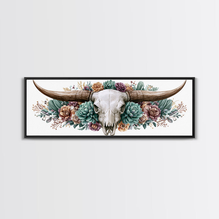 Cow Skull with Desert Flowers Framed Canvas Print, Rustic Art, Landscape Painting, Farmhouse Decor, Watercolor Art, Rustic, RUS-3x1-57