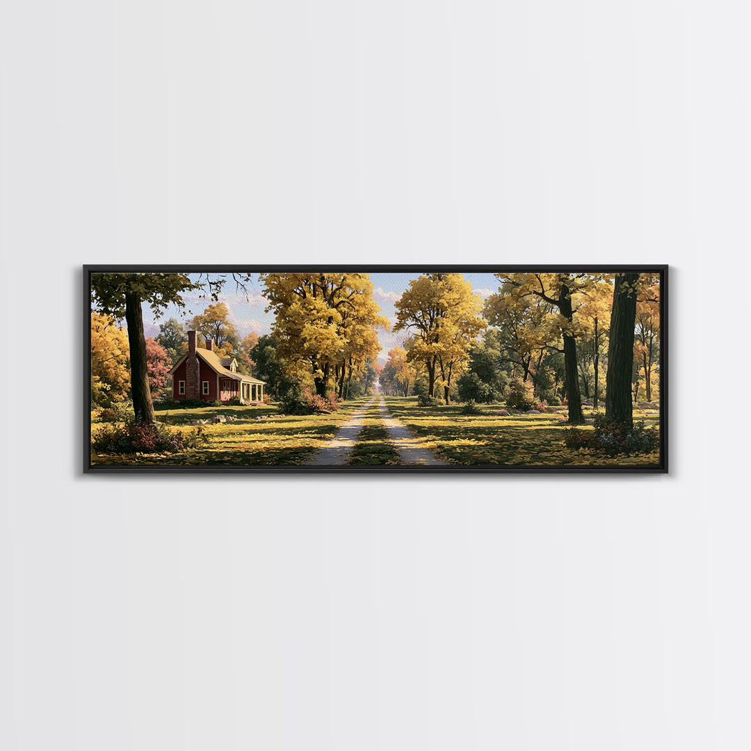 Forest Path with Golden Autumn Leaves Framed Canvas Print, Rustic Art, Farmhouse Decor, Oil Painting, Rustic, Gallery Wall Art, RUS-3x1-58