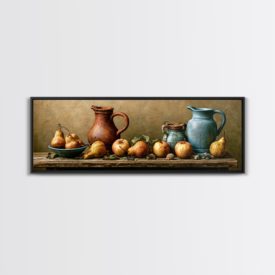 Rustic Pear and Apple Still Life Canvas Print, Rustic Art, Eclectic Wall Art, Farmhouse Decor, Oil Painting, Rustic, RUS-3x1-61