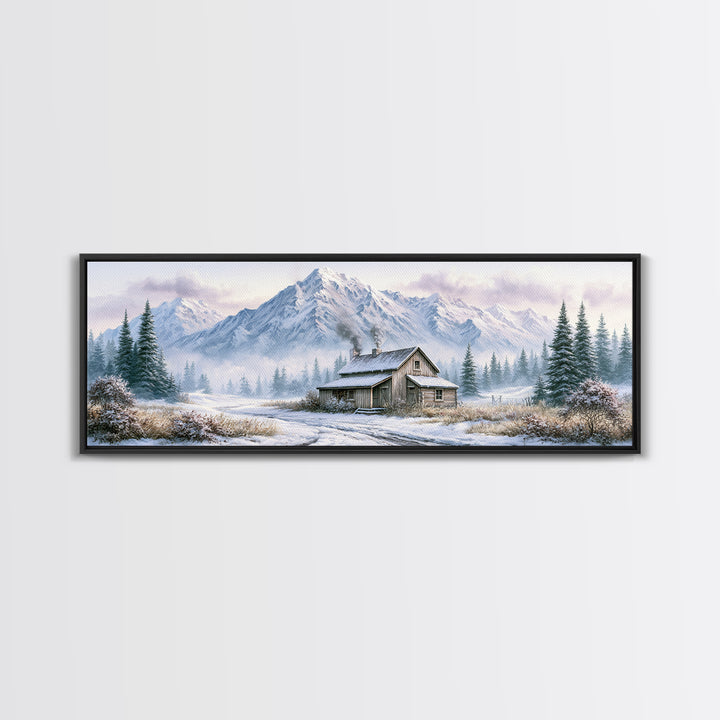 Winter Mountain Scene Framed Canvas Print, Rustic Art, Room Decor, Farmhouse Decor, Fine Art, Rustic, Oil Painting, RUS-3x1-63
