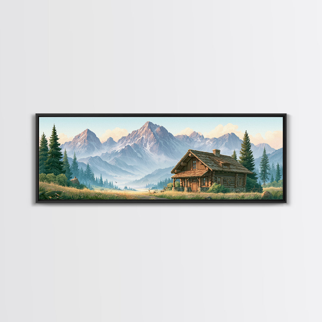 Mountain Cabin Landscape Framed Canvas Print, Rustic Art, Oil Painting, Farmhouse Decor, Fine Art, Rustic, Modern Art, RUS-3x1-67