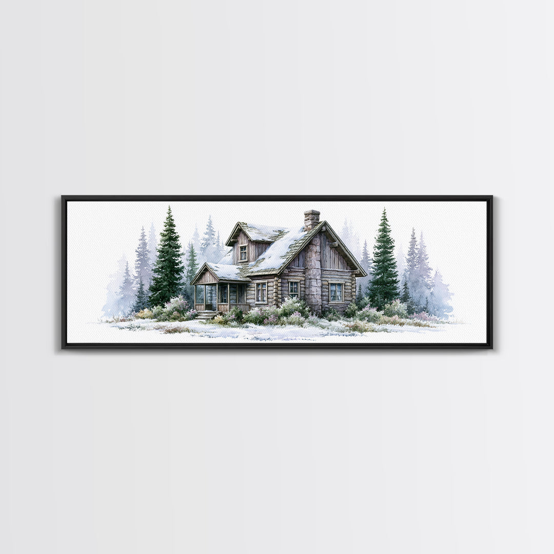 Log Cabin with Snowy Pines Framed Canvas Print, Rustic Art, Wall Decor, Farmhouse Decor, Fine Art, Rustic, Wall Art, Home Decor, RUS-3x1-7