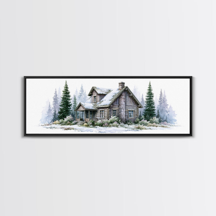 Log Cabin with Snowy Pines Framed Canvas Print, Rustic Art, Wall Decor, Farmhouse Decor, Fine Art, Rustic, Wall Art, Home Decor, RUS-3x1-7