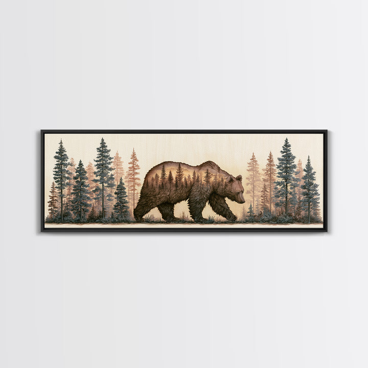 Bear Silhouette Among Pine Trees Canvas Print, Rustic Art, Digital Print, Farmhouse Decor, Fine Art, Rustic, Landscape Painting, RUS-3x1-71