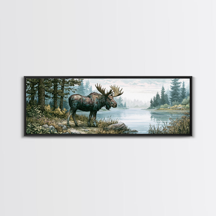 Moose Standing by a Quiet Lake Framed Canvas Print, Rustic Art, Gallery Wall Art, Farmhouse Decor, Oil Painting, Rustic, RUS-3x1-73