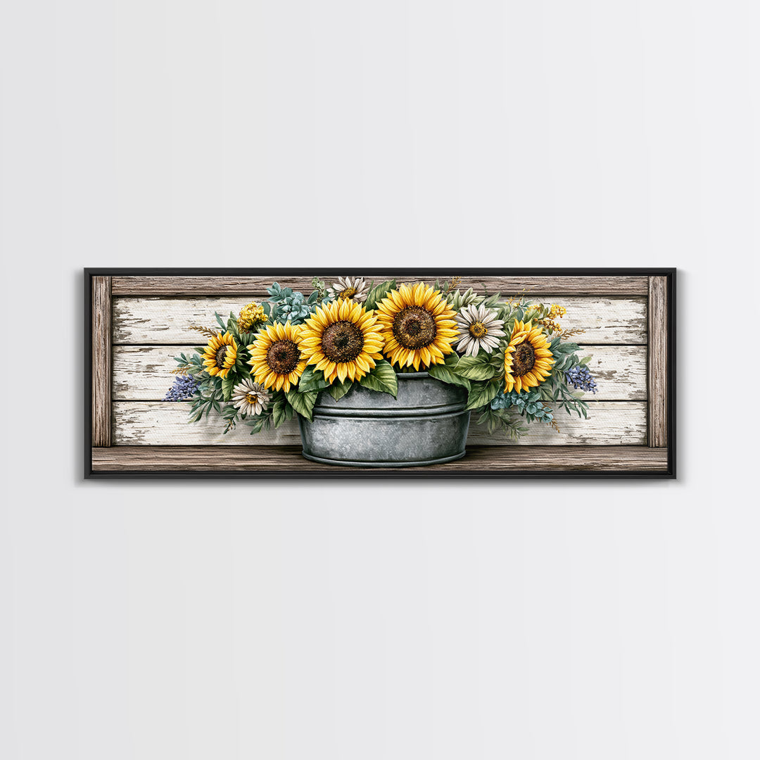 Sunflowers in a Metal Bucket Canvas Print, Rustic Art, Home Decor, Farmhouse Decor, Oil Painting, Rustic, Living Room Decor, RUS-3x1-76