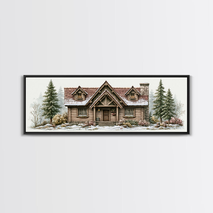 Log Cabin with Snowy Pines Framed Canvas Print, Rustic Art, Printable Art, Farmhouse Decor, Oil Painting, Rustic, RUS-3x1-79