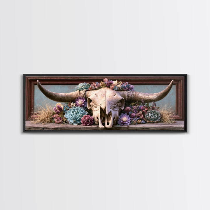 Cow Skull with Desert Flowers Framed Canvas Print, Rustic Art, Landscape Painting, Farmhouse Decor, Watercolor Art, Rustic, RUS-3x1-81