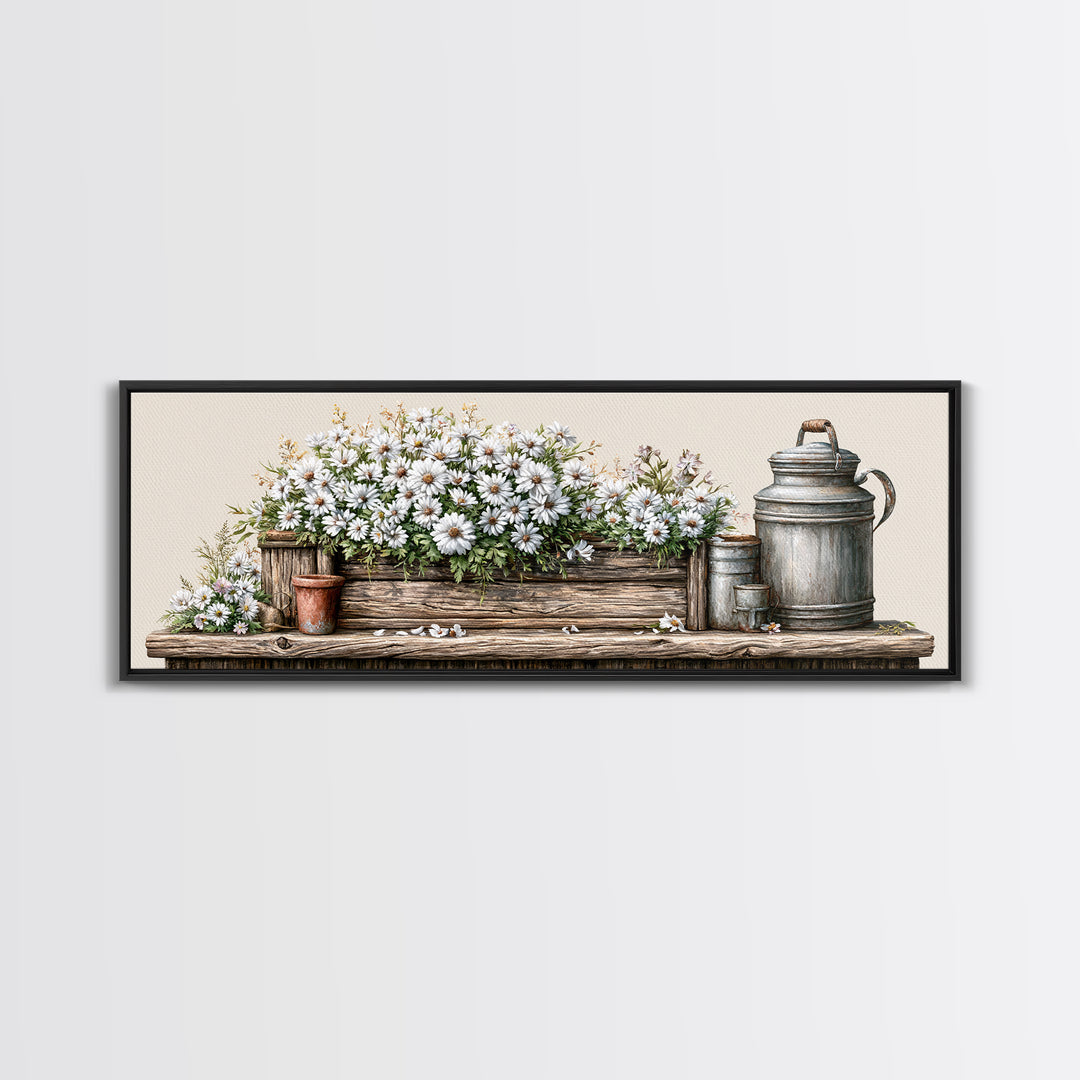 Weathered Barn Wood and Wildflower Still Life Framed Canvas Print, Rustic Art, Living Room Art, Farmhouse Decor, Rustic, RUS-3x1-89