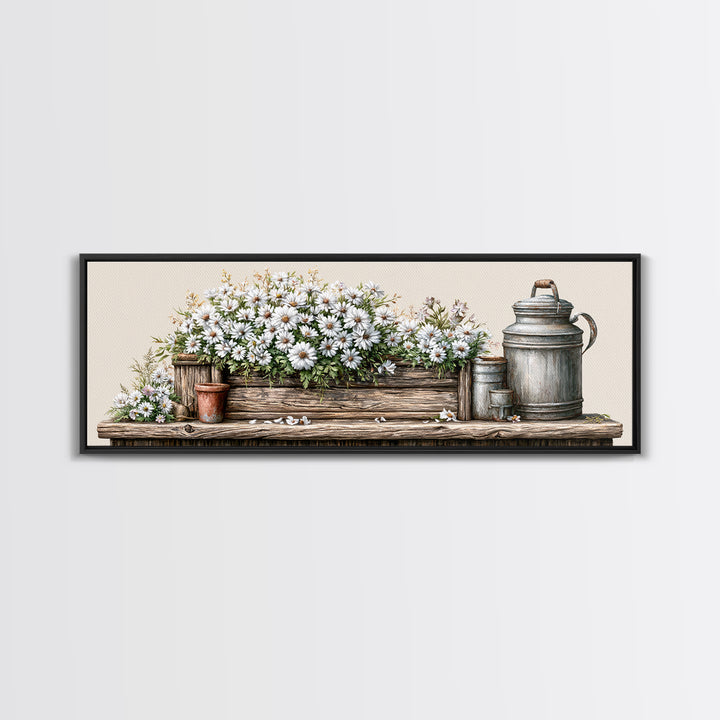 Weathered Barn Wood and Wildflower Still Life Framed Canvas Print, Rustic Art, Living Room Art, Farmhouse Decor, Rustic, RUS-3x1-89