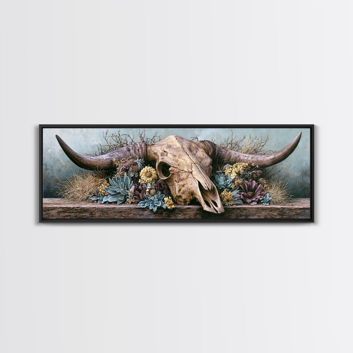 Cow Skull with Desert Flowers Framed Canvas Print, Rustic Art, Wood Wall Art, Farmhouse Decor, Rustic, Eclectic Wall Art, RUS-3x1-9