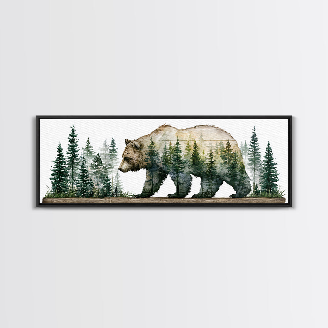 Bear Silhouette Among Pine Trees Canvas Print, Rustic Art, Textured Painting, Farmhouse Decor, Oil Painting, Rustic, RUS-3x1-95