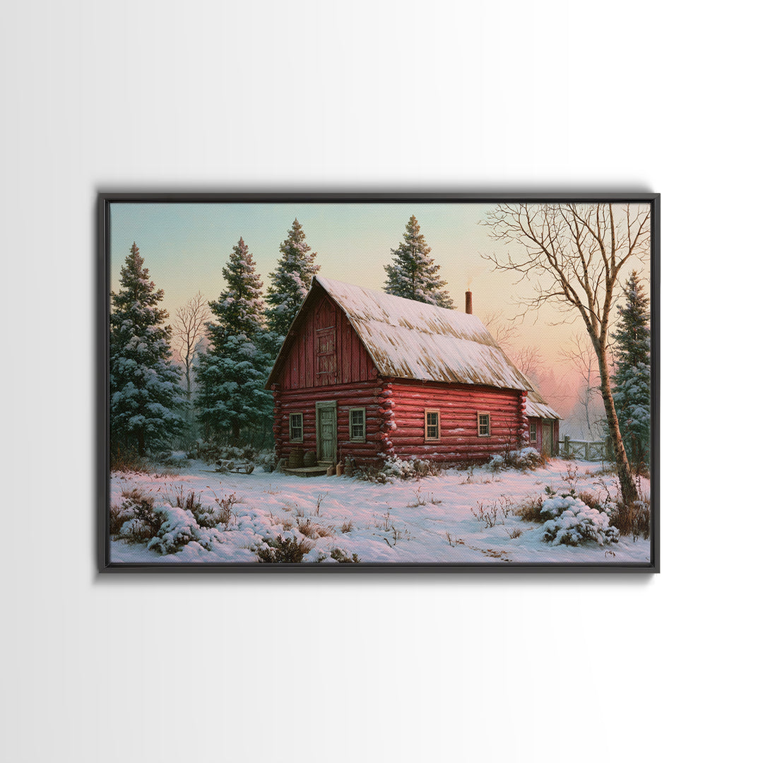 Log Cabin with Snowy Pines Framed Canvas Print, Rustic Art, Farmhouse Wall Art, Farmhouse Decor, Rustic, Statement Artwork, RUS-3x2-19