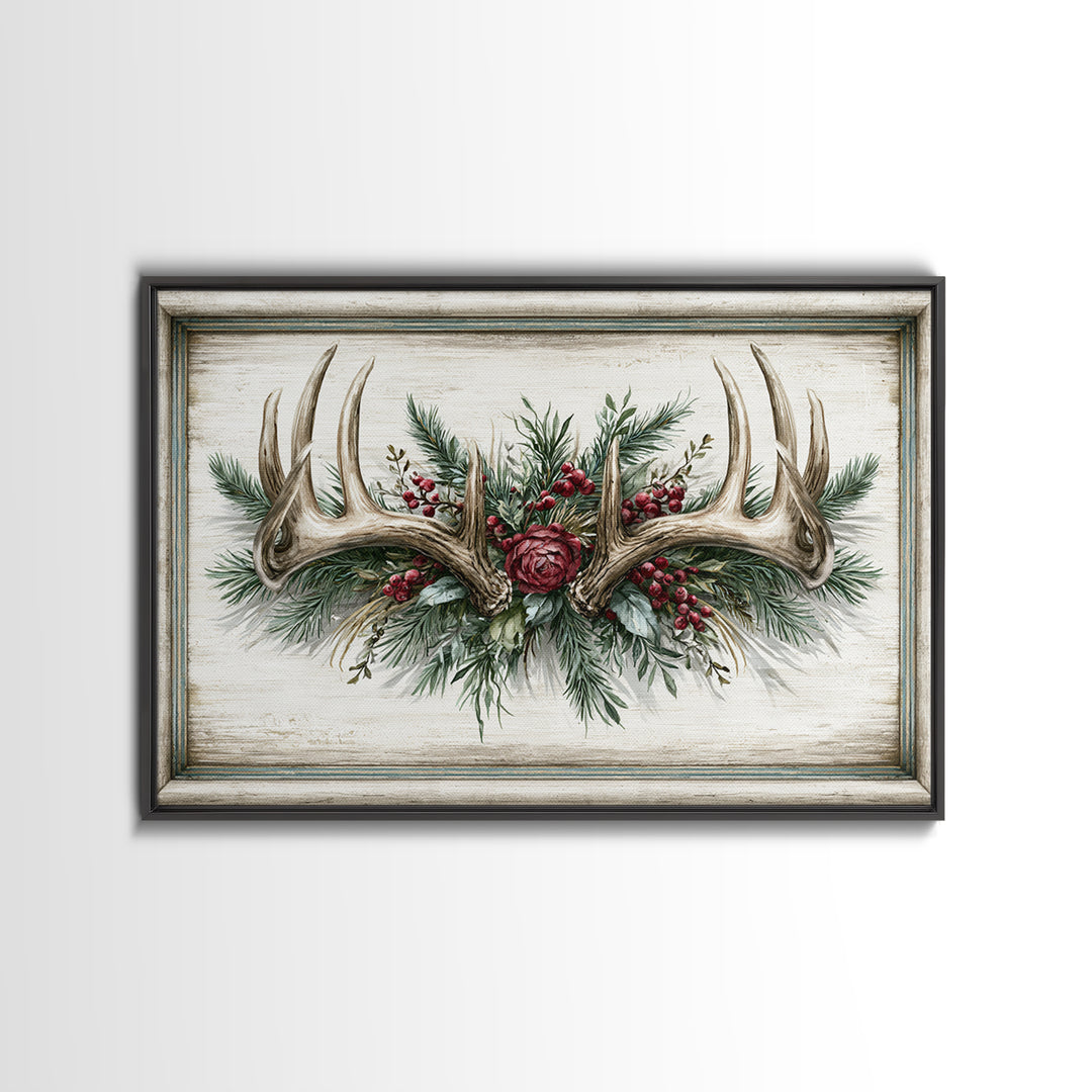 Deer Antlers with Pine Branches and Berries Canvas Print, Rustic Art, 3d Wall Art, Farmhouse Decor, Oil Painting, Rustic, RUS-3x2-30