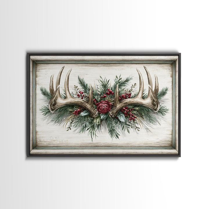 Deer Antlers with Pine Branches and Berries Canvas Print, Rustic Art, 3d Wall Art, Farmhouse Decor, Oil Painting, Rustic, RUS-3x2-30
