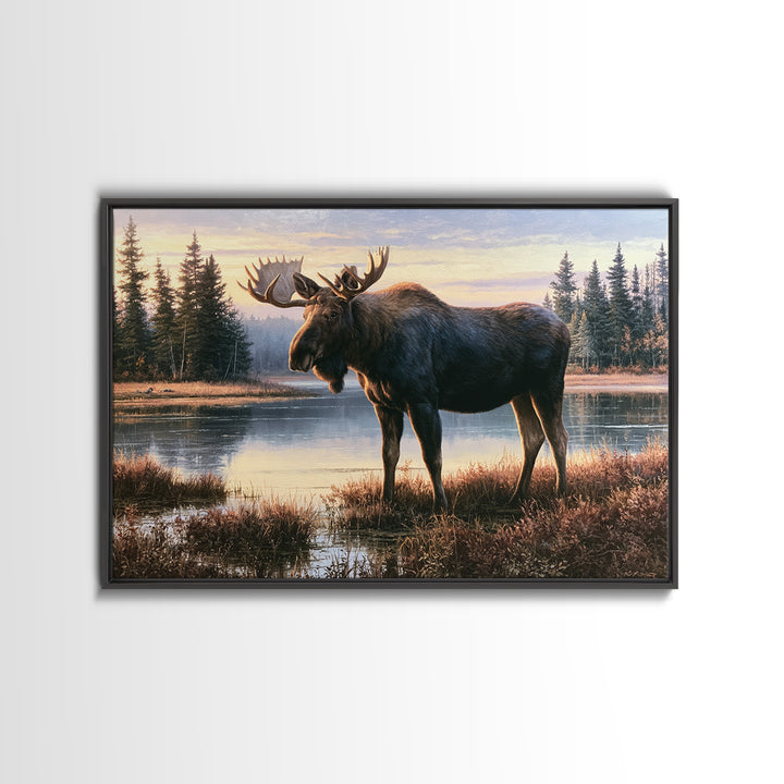 Moose Standing by a Quiet Lake Canvas Print, Rustic Art, Landscape Painting, Farmhouse Decor, Fine Art, Rustic, Modern Decor, RUS-3x2-37