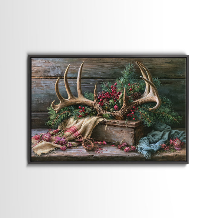 Deer Antlers with Pine Branches and Berries Canvas Print, Rustic Art, 3d Wall Art, Farmhouse Decor, Oil Painting, Rustic, RUS-3x2-54