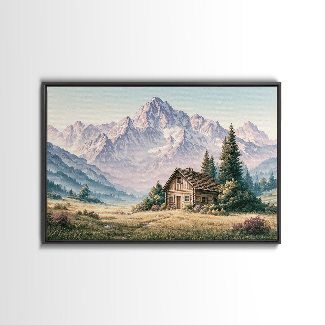 Mountain Cabin Landscape Framed Canvas Print, Rustic Art, Painting, Farmhouse Decor, Fine Art, Rustic, Boho Wall Art, RUS-3x2-55